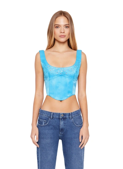 Danielle Guizio Ny Satin Beaded Lace-up Bustier Top In Cerulean