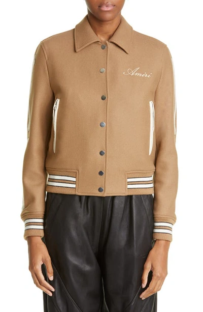 Amiri Bones Embroidered Varsity Jacket In Taupe