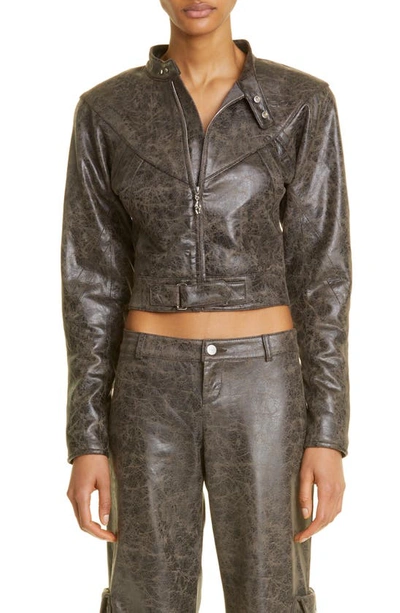 Miaou Vaughn Crop Distressed Faux Leather Jacket In Brown