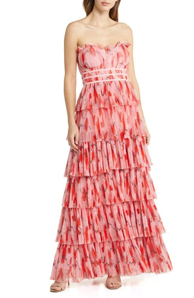 Hutch Monaco Strapless Ruffle Tiered Plissé Gown In Pink