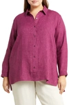 Eileen Fisher Organic Linen Long Sleeve Button-up Shirt In Raspberry