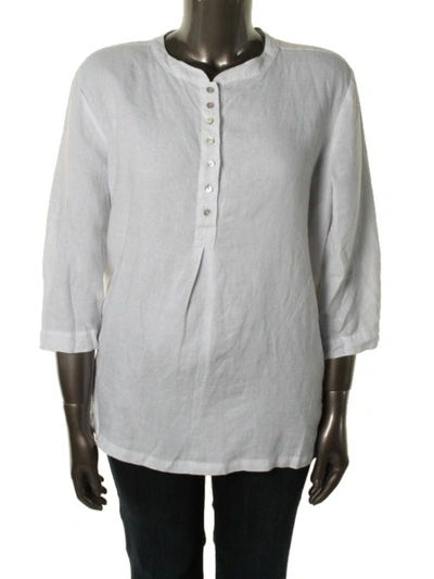 Allen Allen Plus Womens Linen Henley Pullover Top In White