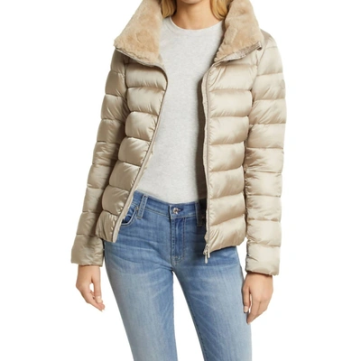 Save The Duck Short Basic With Faux Fur Shell Coat Jacket Quilted In Beige