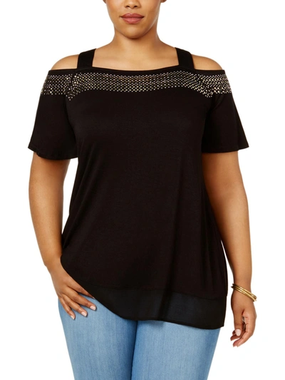 Belldini Plus Womens Embellished Cold Shoulder Pullover Top In Black