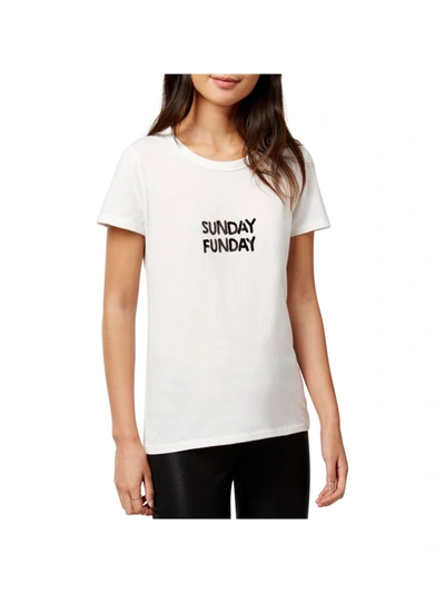 Bow & Drape Juniors Sunday Funday Womens Sequined Graphic Slogan T-shirt In White