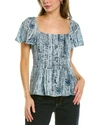 Theory Short-sleeve Godet Printed Silk Top In Blue