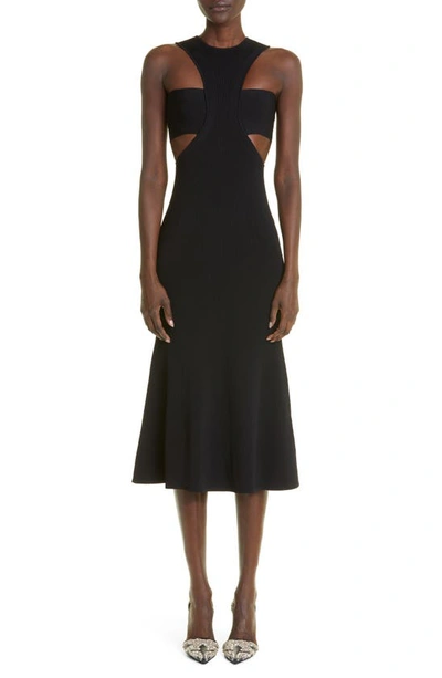 Alexander Mcqueen Cut-out Flared-hem Knitted Midi Dress In Nero