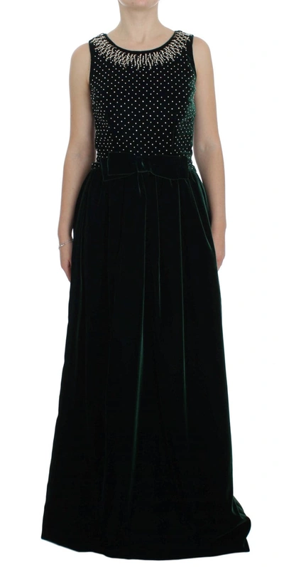 Dolce & Gabbana Green Velvet Crystal Long Maxi Dress In Blue