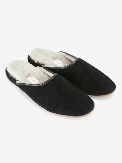 Derek Rose Men's Mule Slippers Douglas Suede Sheepskin Black