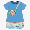 MARC JACOBS MARC JACOBS BOYS BLUE CROSSBODY BAG LOGO SHORTS SET