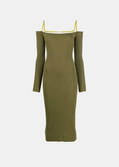 Jacquemus La Robe Strap-detail Ribbed-knit Midi Dress In Dark Green