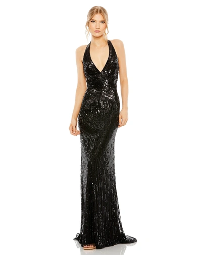 Mac Duggal Sleeveless Faux Wrap Sequin Embelished Cut Out Bac In Black