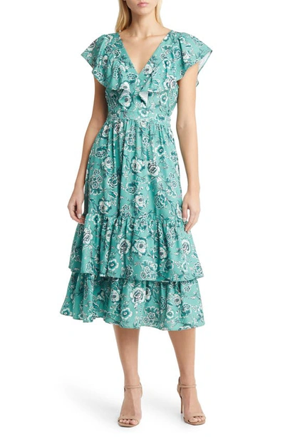 Melloday Floral Ruffle Tiered Midi Dress In Green Wht