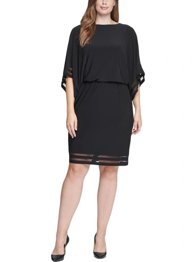 Jessica Howard Plus Womens Illusion Trim Blouson Cocktail And Party Dress In Black