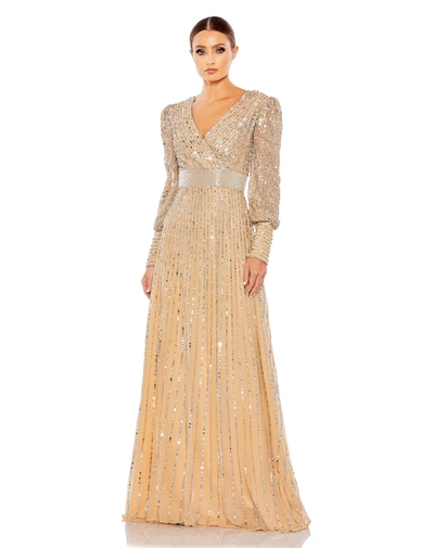 Mac Duggal Sequined Wrap Over Bishop Sleeve Gown In Nude/silver