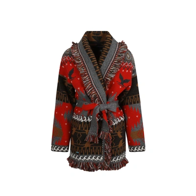 Alanui Icon Belted Fringed Wool And Cashemere-blend Jacquard Cardigan In Red
