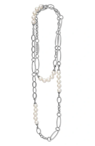 Lagos Luna Freshwater Pearl Station Necklace In Silver