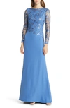 TADASHI SHOJI SEQUIN LACE LONG SLEEVE CREPE GOWN