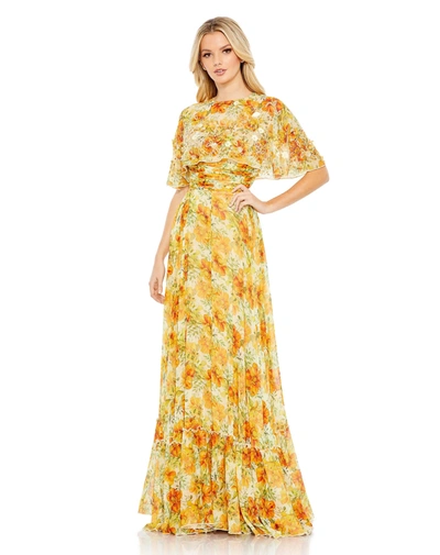 Mac Duggal Floral Print High Neck Cape Sleeve A Line Gown In Yellow Multi