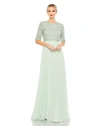 Mac Duggal Fully Beaded Bodice Chiffon Gown In Sage