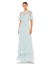 Mac Duggal Rufflered Floral Embellished Flutter Sleeve A-line Gown In Powder Blue