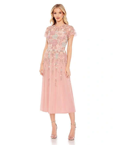 Mac Duggal Embellished Illusion High Neck Butterfly Sleeve Midi Dress In Dusty Rose