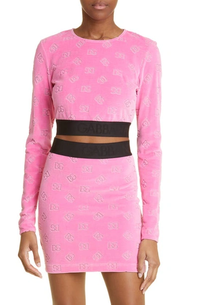 Dolce & Gabbana Flocked Dg Monogram Long Sleeve Jersey Crop Top In Pink