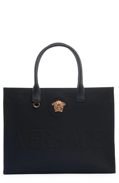 Versace La Medusa Canvas Tote In Black/  Gold