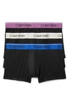 Calvin Klein 3-pack Low Rise Microfiber Stretch Trunks In Black/ Blue/white/purple Logo