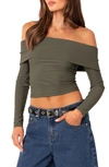 Edikted Brea Foldover Off The Shoulder Long Sleeve Crop Top In Olive