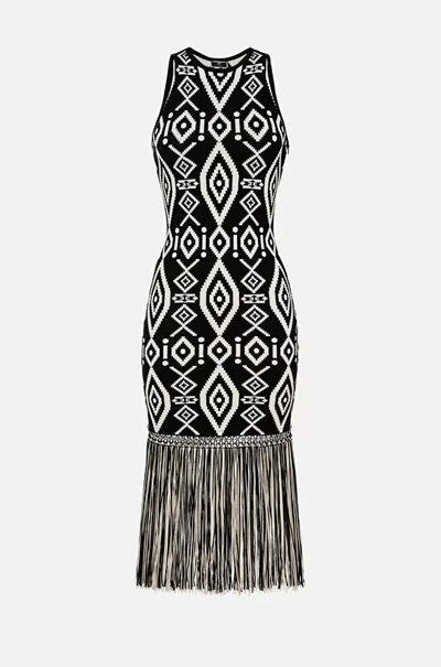 Elisabetta Franchi Rhombus-print Fringed Midi Dress In Black