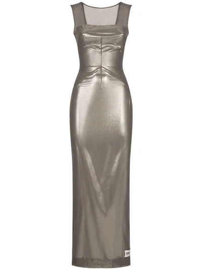 Dolce & Gabbana Long Foiled Jersey And Tulle Dress In Grey