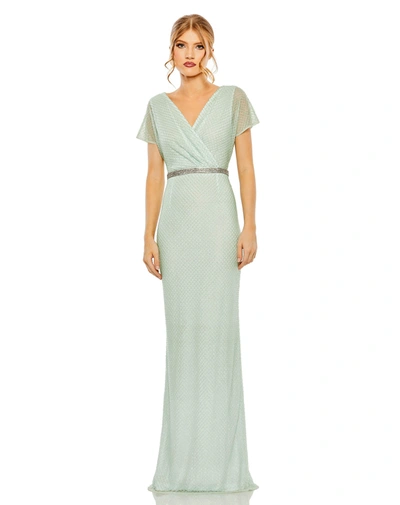 Mac Duggal Short Sleeve Beaded V-neck Gown In Sage