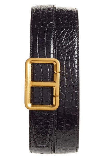 Tom Ford Alligator Embossed Leather T Belt In Black