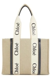 Chloé Medium 'woody' Eco Linen Canvas Tote Bag In White - Blue 1