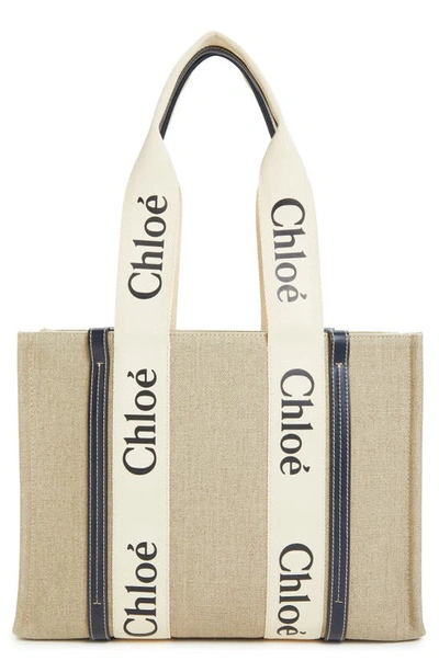 Chloé Medium Woody Canvas Tote Bag In White/blue
