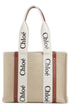 Shop Chloé Medium Woody Linen Tote In White - Brown 1