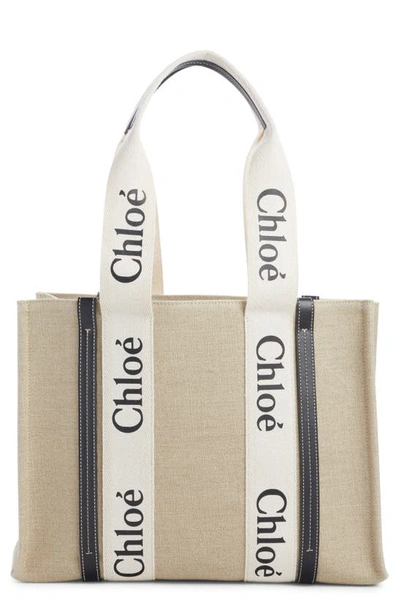 Chloé Woody Large Logo Canvas Shopper Tote Bag In Beige,blue