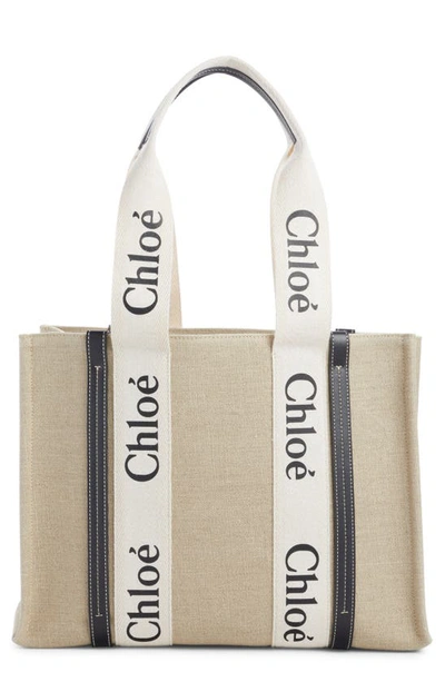 Chloé Large Woody Linen Tote In White - Blue 1