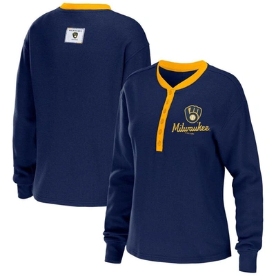Wear By Erin Andrews Navy Milwaukee Brewers Waffle Henley Long Sleeve T-shirt