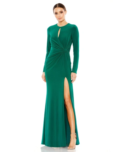 Ieena For Mac Duggal Long Sleeve Keyhole Draped Gown In Emerald