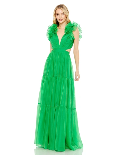 Mac Duggal Ruffled Shoulder Cut Out Soft Tie Back Tiered Gown In Emerald