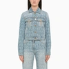 Versace Short Light Blue Jacket With All-over Logo And Branded Buttons In Cotton Denim Woman In Light Blue