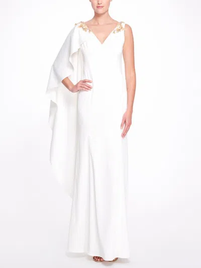 Marchesa Asymmetrical Cape Sleeve V-neck Gown In Ivory