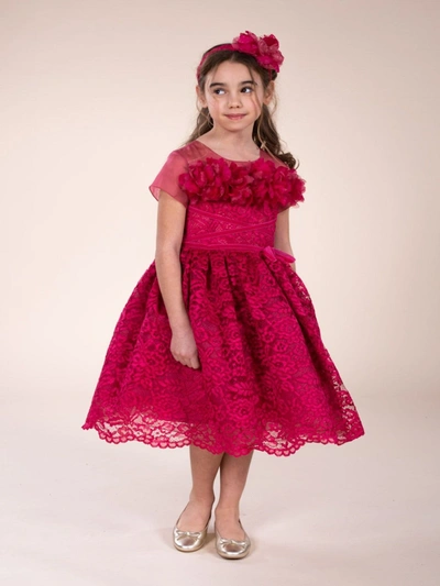 Marchesa Kids' Flower Embellished Lace Gown In Fuchsia