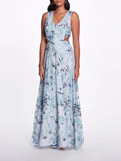 Marchesa Keyhole Back Floral Gown In Slate Blue