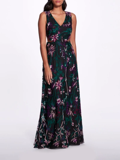 Marchesa Keyhole Back Floral Gown In Black
