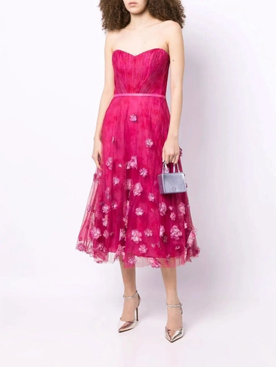 Marchesa Off Shoulder Cocktail With Ombre 3d Flowers In Fuchsia