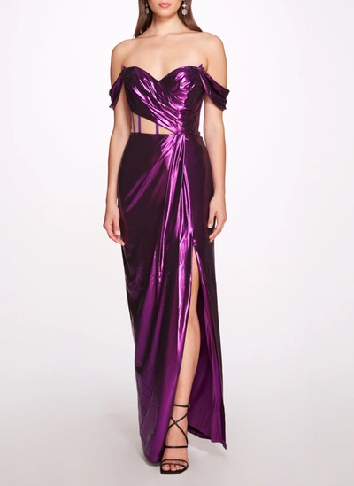 Marchesa Off Shoulder Lamé Gown With Draped Bodice In Amethyst