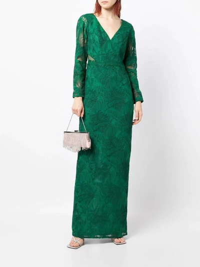 Marchesa Plunging Long Sleeve Gown In Emerald